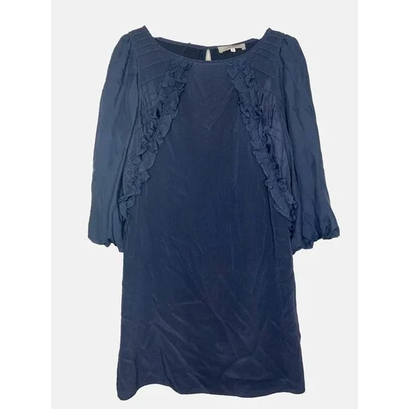 TIBI Dress Women Size 2 Navy Blue 100% Silk Long Sleeve Ruffle Detail Keyhole - Picture 4 of 5